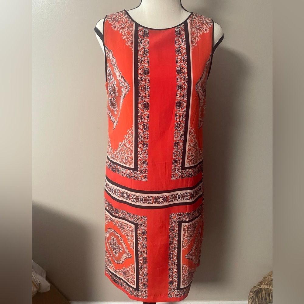 EUC Carmen Elegant Orange Patterned Sleeveless Dress, Lined with Zipper Back